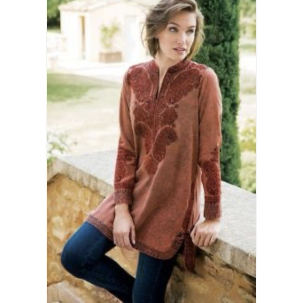 Soft Surroundings Spice Market Tunic Sz PL Embroidered Boho Brown Long Sleeve